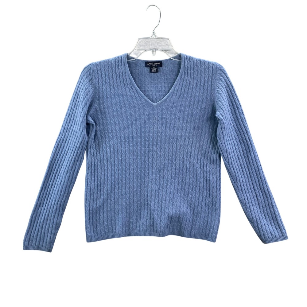 Ann Taylor V-Neck Sweater Women XS Blue 100% Cashmere Cable Knit Preppy Academia